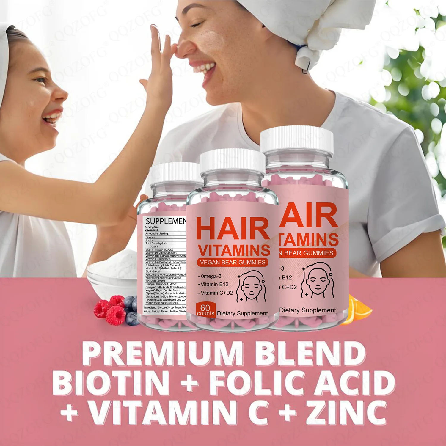 

Hair vitamin gummies regulate metabolism, maintain scalp health, promote growth and development, and are health foods