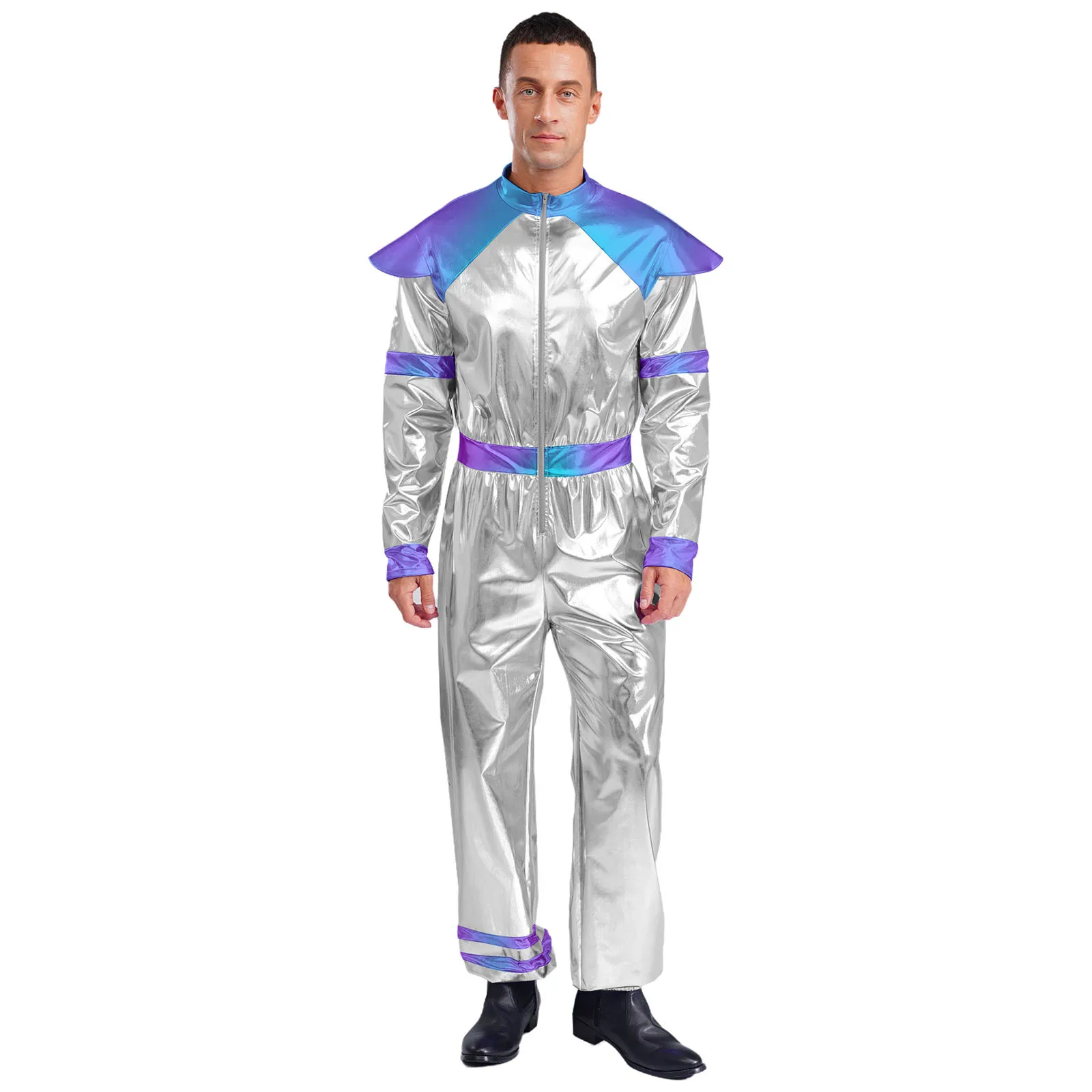 

Men's Carnival Outer Space Alien Astronaut Cosplay Performance Costume Long Sleeves Holographic Shiny Jumpsuit Halloween Outfits