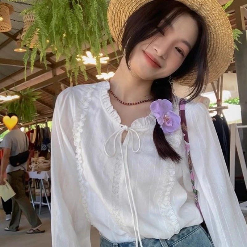 

Простая женская рубашка с v-образным вырезом на шнуровке и длинными рукавами, лето 2022, темпераментные милые свободные топы, элегантная офисная женская блузка, новинка