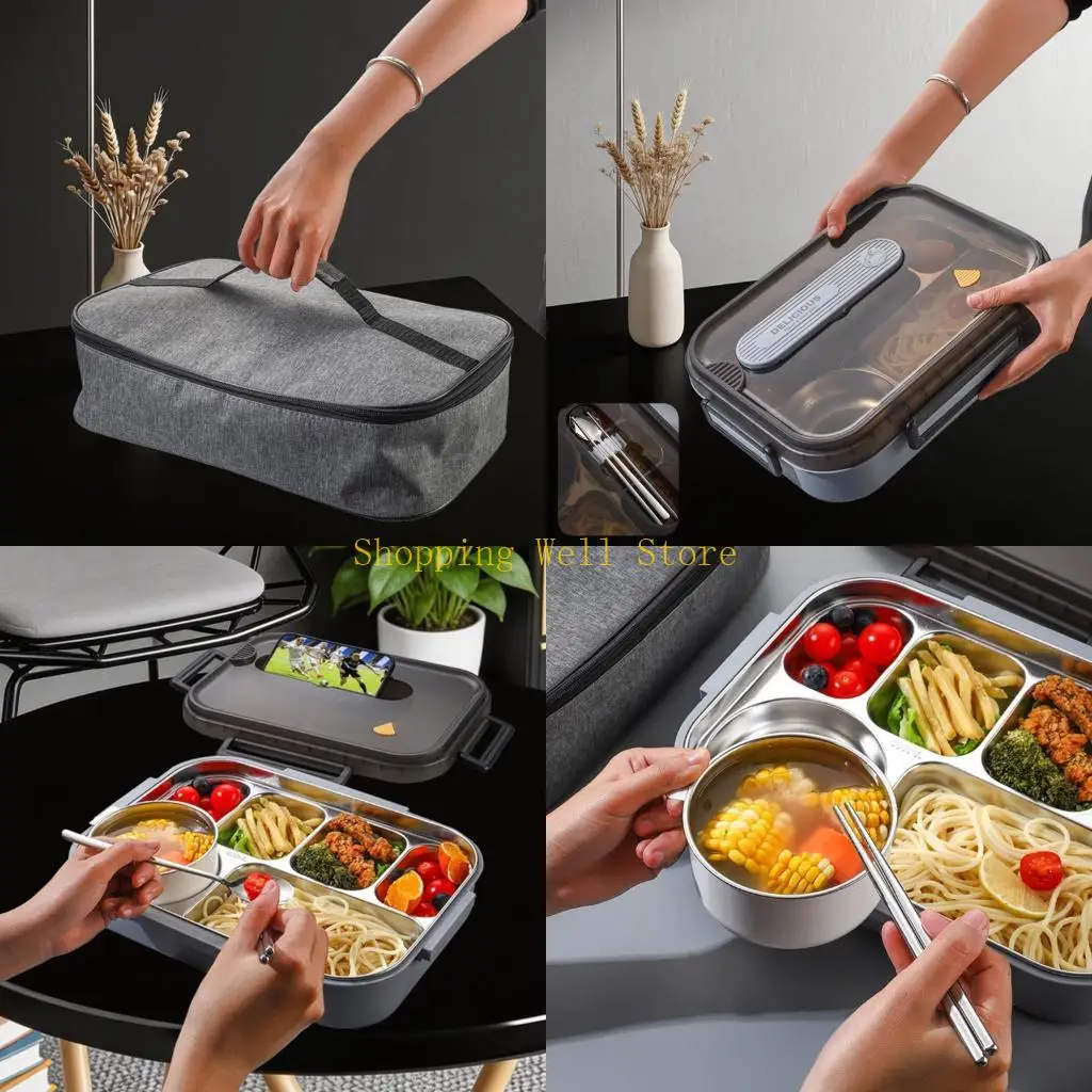 KX4B 6 Compartment Stainless Steel Lunch Box Insulated Design With Soup Bowl Spoon Chopsticks For Office School And Outdoor