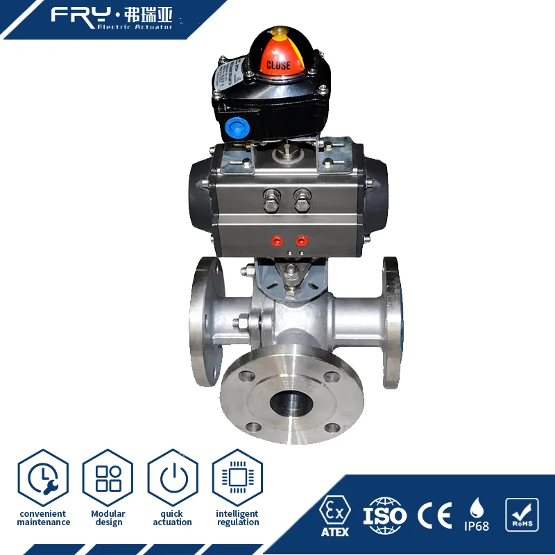 Pneumatic T Port 3-way Flanged Ball Valve Quarter-turn Actuator Bi-directional Shutoff For Industrial Fluid Diversion Switching