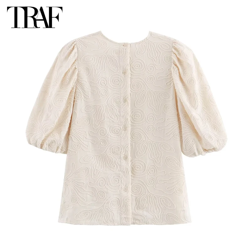 TRAF Embroidery Women Shirts Puff Sleeve Shirts and Blouses for Women 2024 Button up Female Shirt Summer Casual Women\'s Shirts