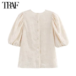 TRAF Embroidery Women Shirts Puff Sleeve Shirts and Blouses for Women 2024 Button up Female Shirt Summer Casual Women's Shirts