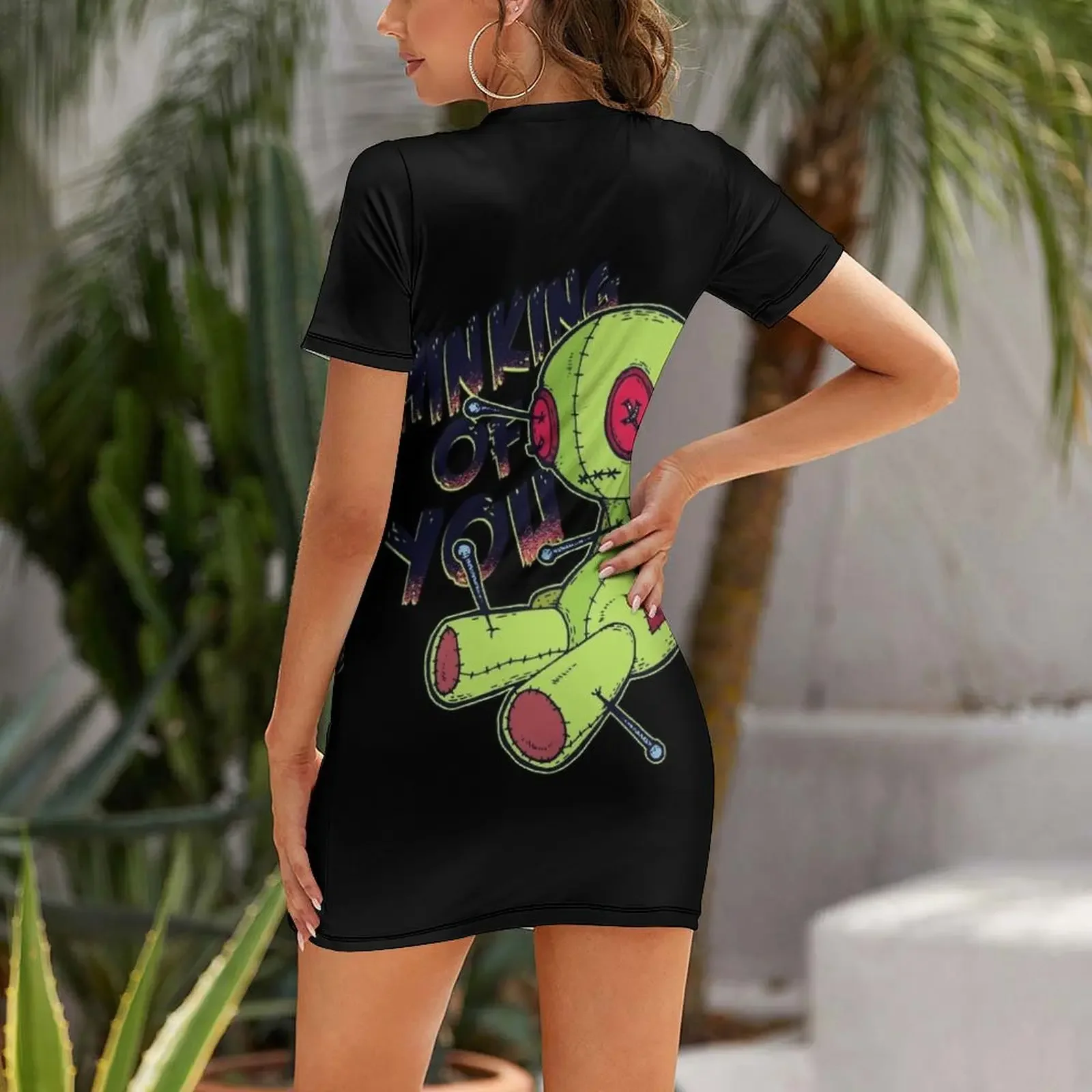 เสื้อยืดลายตุ๊กตาวูดูสยองขวัญแนวโกธิคสำหรับฮาโลวีน ชุดเดรสฤดูร้อนแขนสั้นทรงหลวม