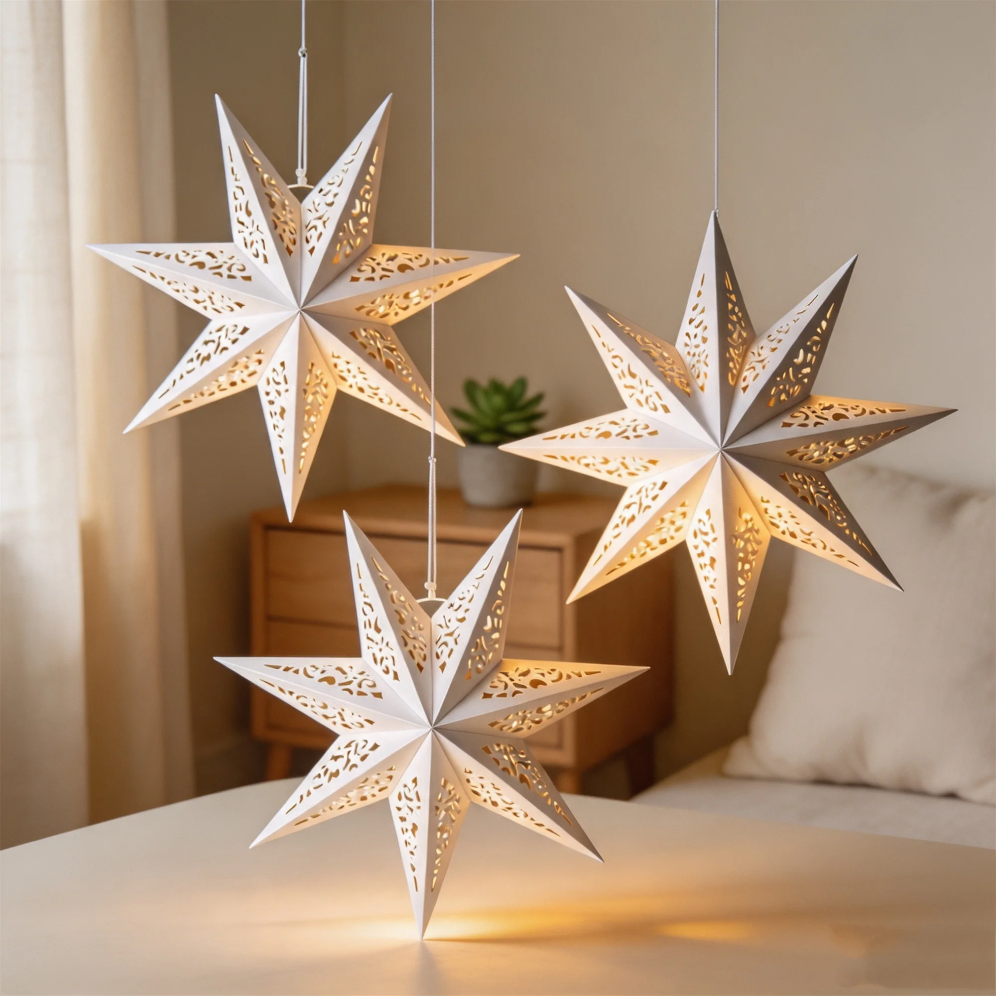 3 Pack 35cm Folded Paper Star Lanterns 8 Pointed Hanging Lights Cutout Pattern Scandinavian Home Decor Living Room Bedroom