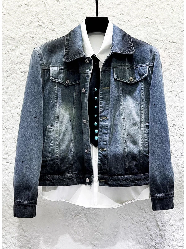 Men's 2025 Autumn New Personality Contrast Color Loose Denim Jackets Curved Pants American Style Retro Trendy Tooling Denim Sets