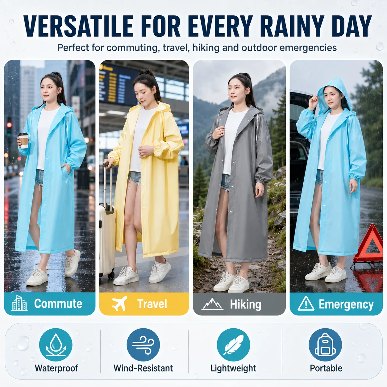 Einweg-Regenponcho für Erwachsene, Langer Sturmsicherer Regenmantel, Tragbarer Outdoor-Wander- und Reise-Regenschutz