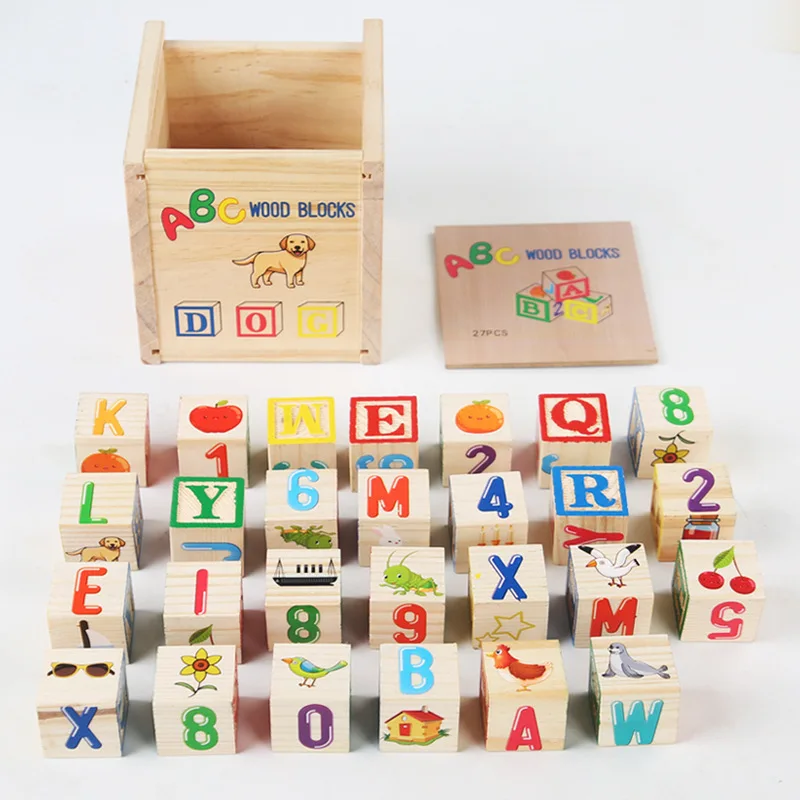 27pcs Alphabet Number Blocks Toy Colorful Cartoon Pattern Wooden Building Block Stacker Kids Baby Montessori Educational Toy