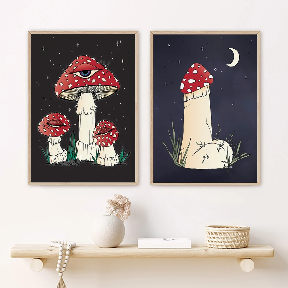 Mystic Shroom with Eye Poster Red Mushroom Art Print Vinatge  Funny Penis Mushroom Canvas Painting Wall Pictures Room Decor