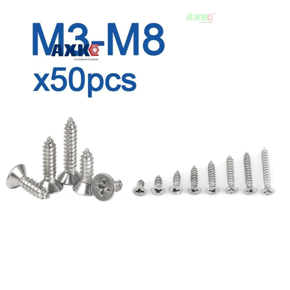 50pcs/lot Cross Recessed Countersunk Flat Head Self-tapping Screw M3 M3.5 M4 M5 M6 M8 Stainless Steel Phillips Furniture Screw