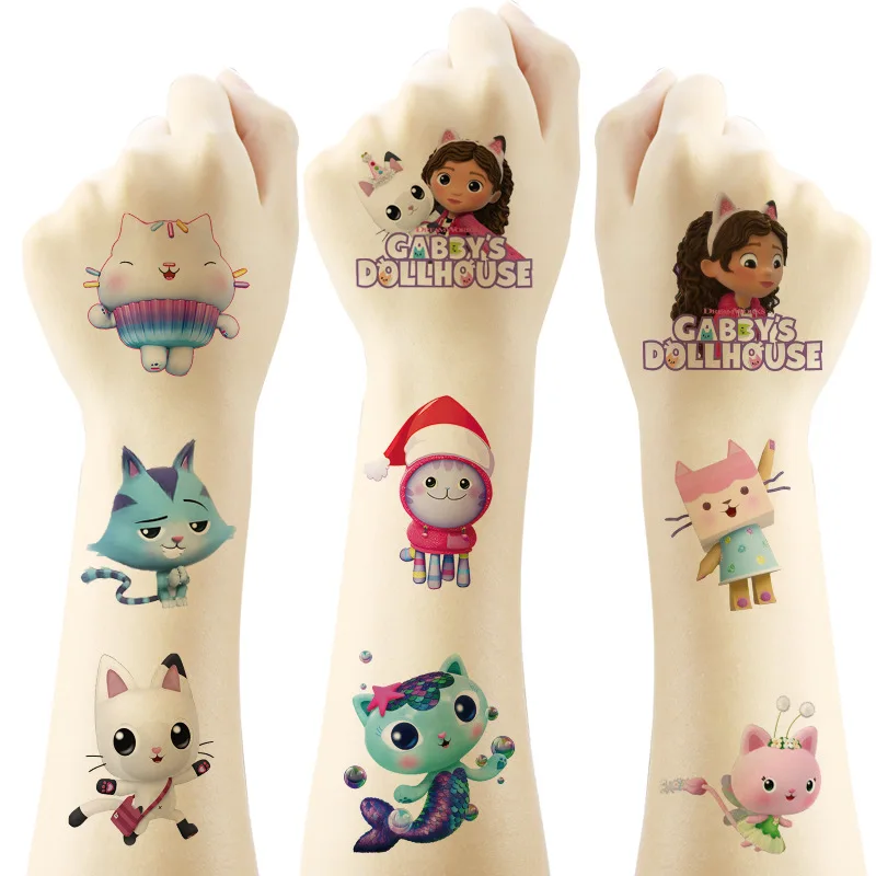 6 Stuks Gabby Poppenhuis Tattoo Stickers Waterdichte Schattige Sticker Anime Verjaardagsfeest Benodigdheden Decoratie Voor Kinderen Beloning Stickers