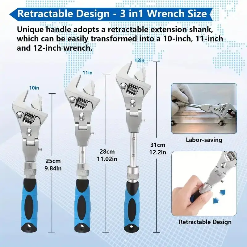 An adjustable ratchet that folds 180 degrees, adjustable torque wrench with swivel head, 5-in-1, 10-inch to 12-inch