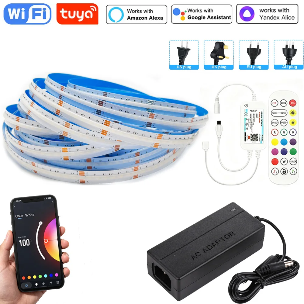 Tuya Wifi Smart FCOB RGBCCT LED Light Strip 6Pin DC24V RGB CW WW FOB Flexible COB Linear Light Dimmable Remote Control for Alexa