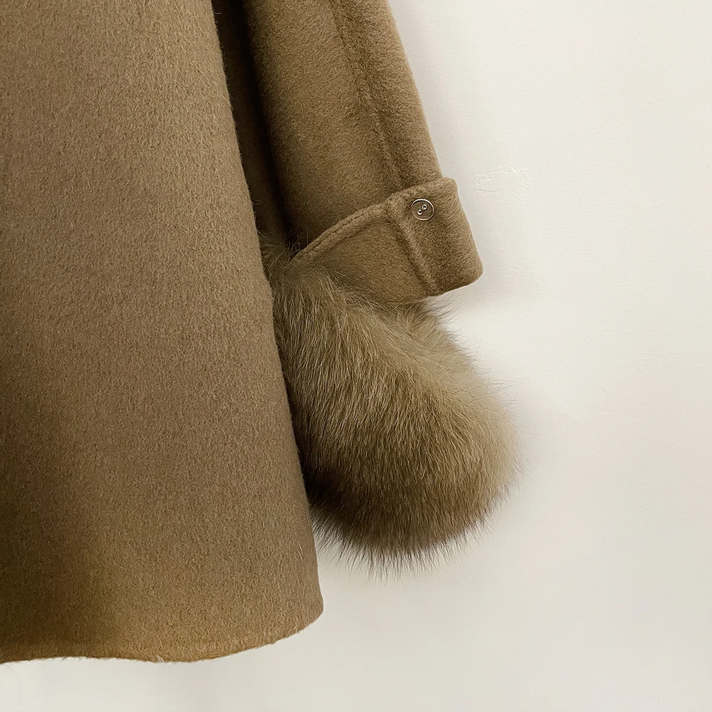 OFTBUY Neuer Damen-Doppelmantel aus Wolle mit Echten Fuchspelz-Manschetten Rundhals Warmer Winter Eleganter Modischer Wollmantel – Detail 11