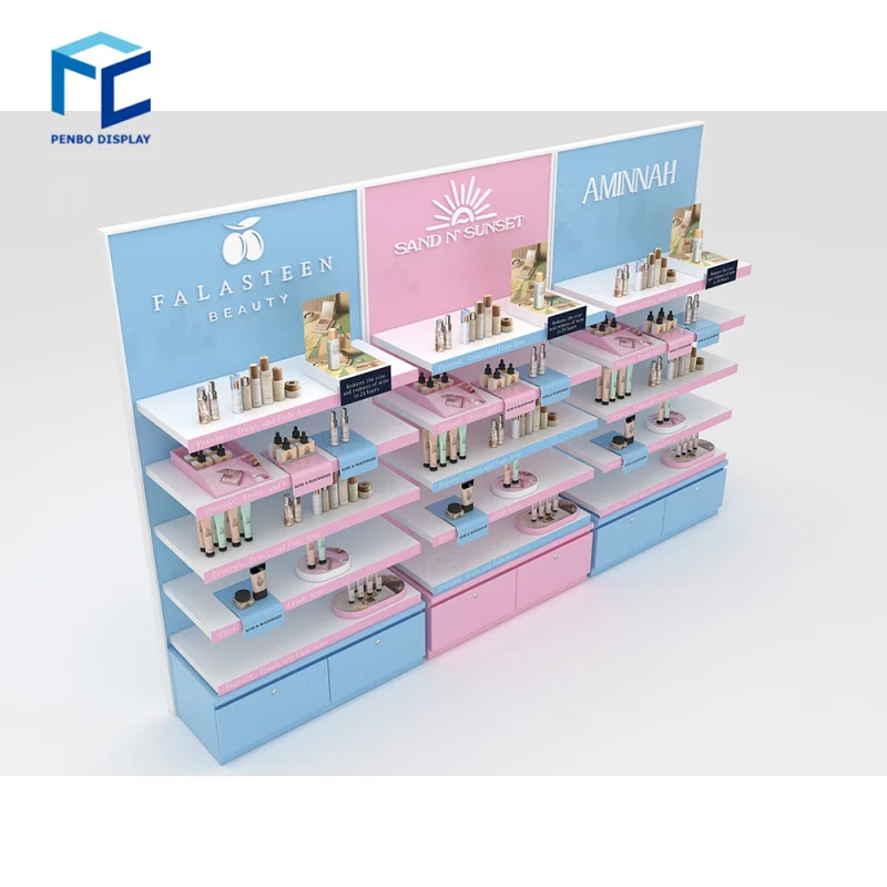 2025customized. luxury makeup display rack pink skin care product display stand nail salon shops furnitures cosmetic storage dis