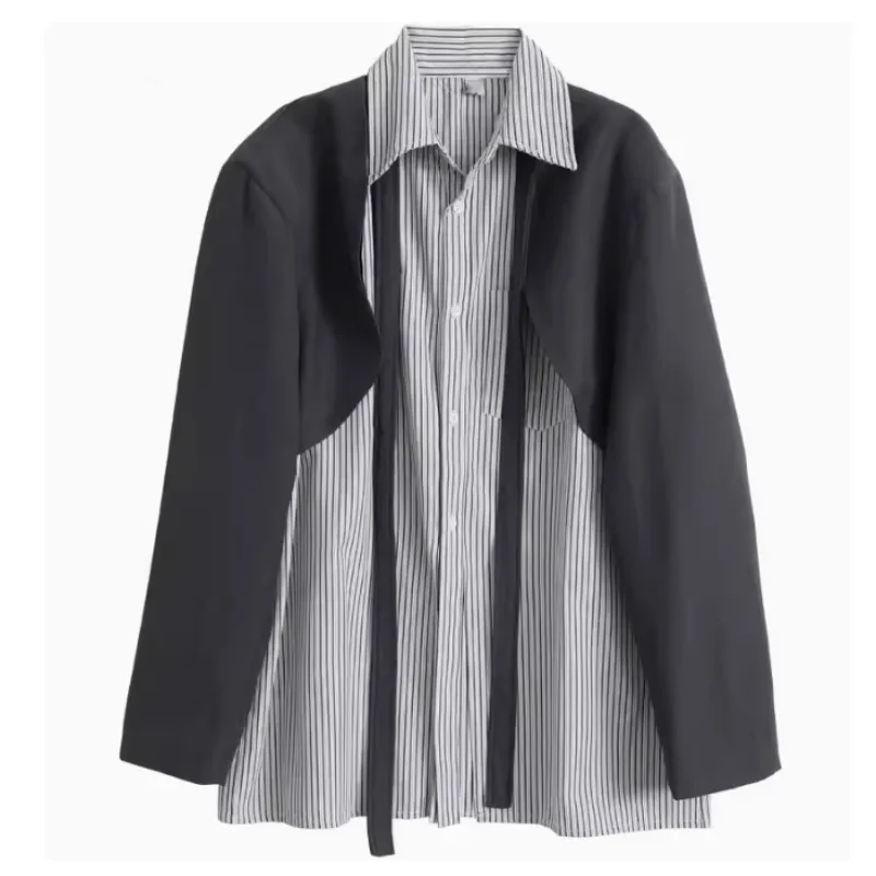 SuperAen Autumn 2024 New Korean Fashion Stripe Two Pocket Long Sleeve Long Shirt Dress for Women