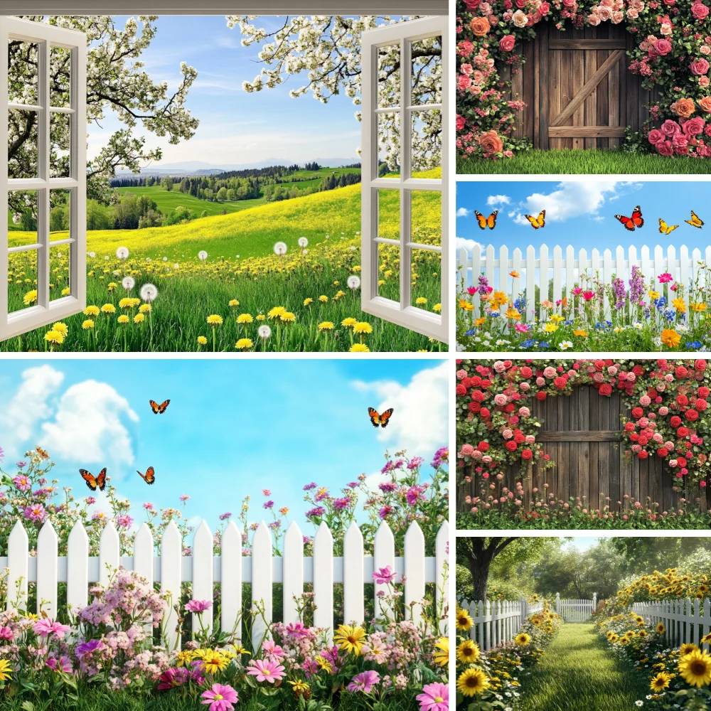 

Spring Natural Flowers Background Window Landscape Garden Grassland Cherry Blossoms Banner Birthday Party Photography Props