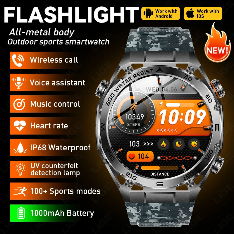 New LIGE 1.53” HD Screen Smart Watch LED Flashlight 1000mAh Large Battery Wireless Call Bracelet Waterproof Fitness Smart watch