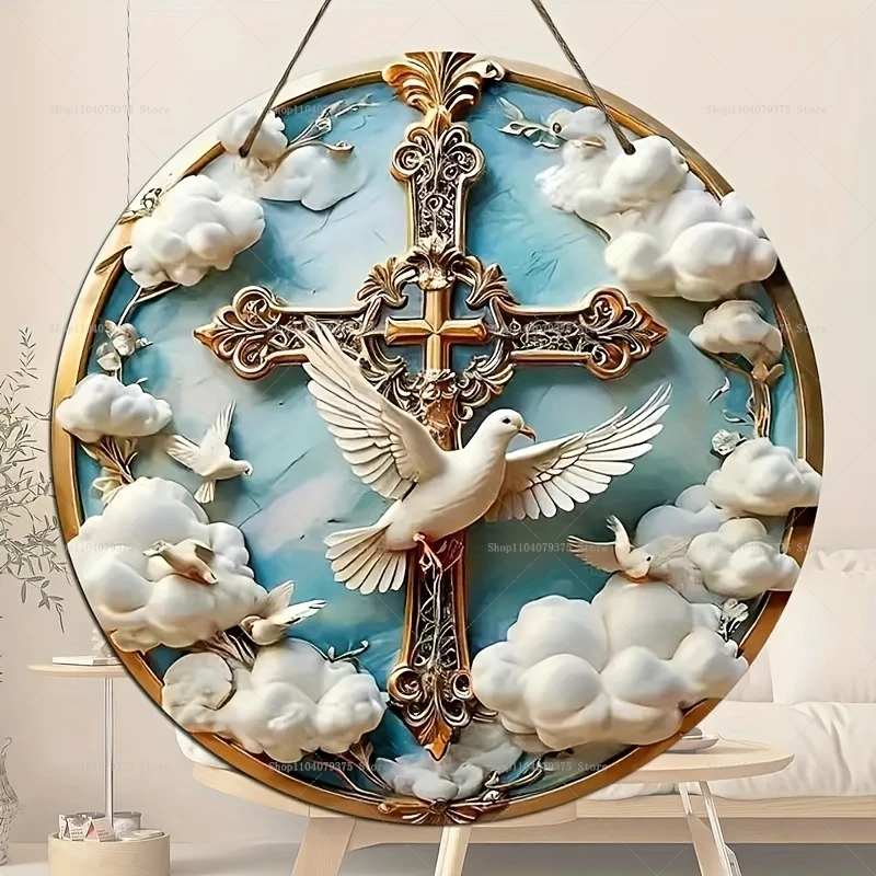 Retro Peace Dove 2D Wooden Ornaments Welcome Sign Decoration Round Wooden Sign Ornaments Front Door Room Decoration Gift