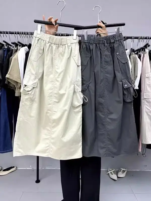 

American Retro Split Fork High Waist Drawstring Women's Tooling Skirt 2025 Summer New Elastic Waist A Word Medium and Long Skirt
