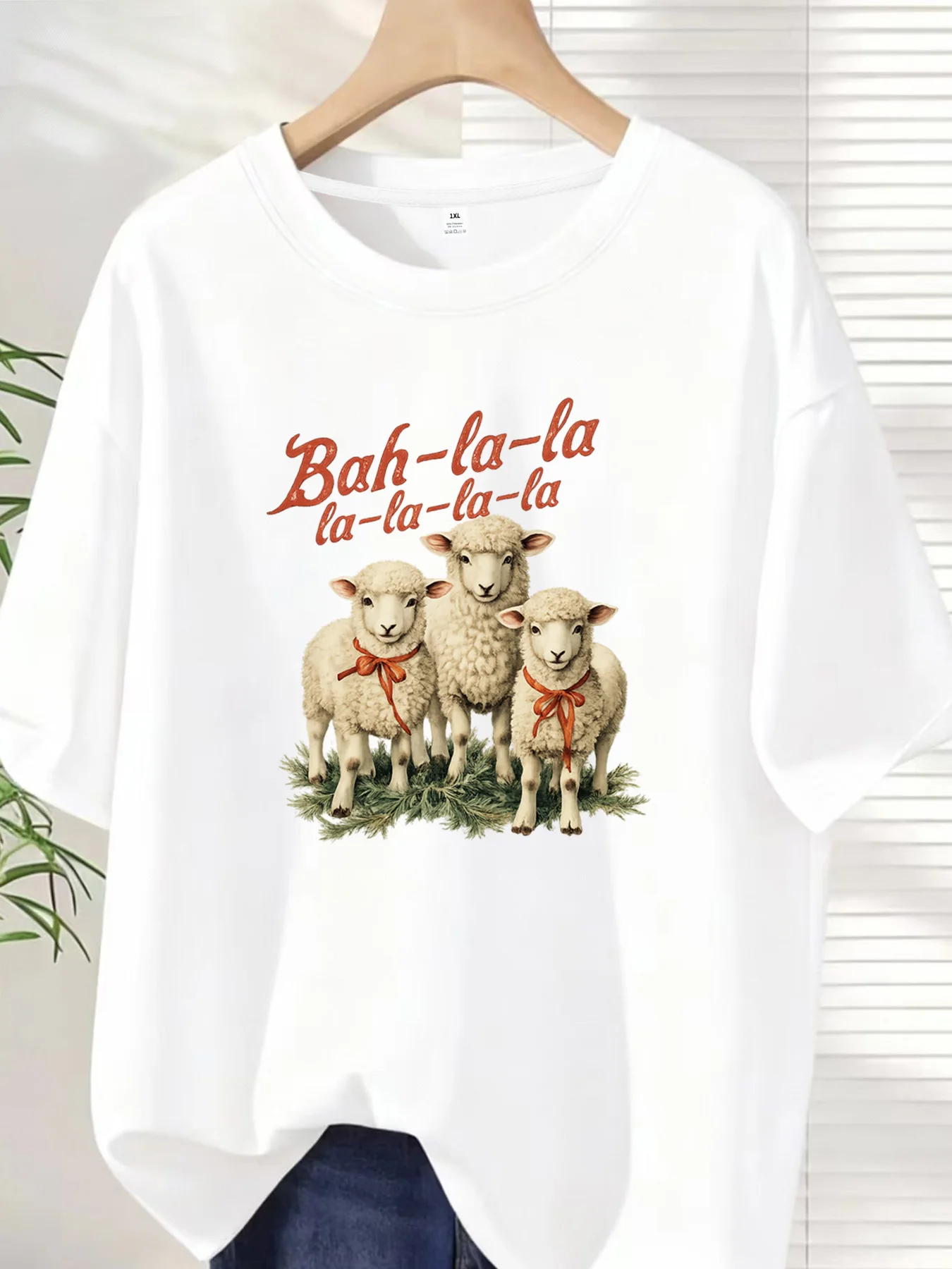 

【ZXH10127】Three cute sheep Plus size women's round neck short sleeve T-shirt with elastic half sleeves and trendy prints