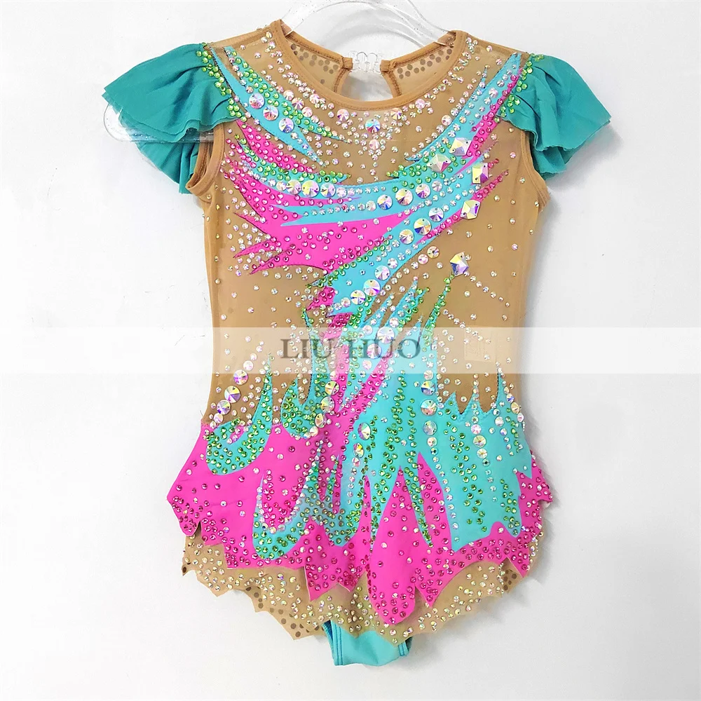 LIUHUO Ritmische Gymnastiek Turnpakje Aerobics Volwassen Vrouwen Meisje Kostuum Prestaties Competitie Dans Jurk Groen Multi-color Tieners