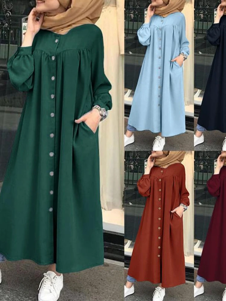 5XL Muslim Dress Women hijab Shirt  Long Sleeve Maxi Vestidos Female Button Robe femme musulman High Wasit Solid Sundress