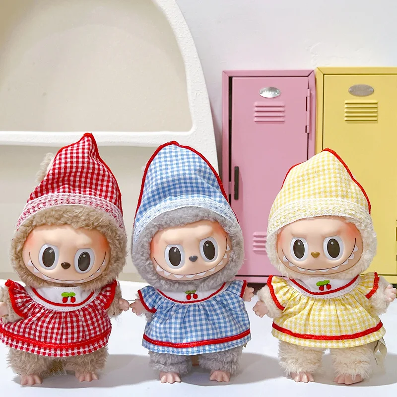 

Одежда для кукол Labubu 15 см 17 см 1-го до 3-го поколения, милая вишневая клетчатая юбка с платком, комплект аксессуаров для одежды