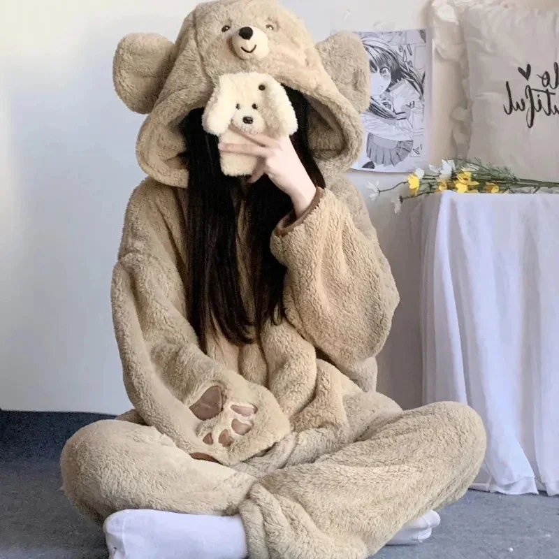 

Autumn Winter Cute Bear Ears Coral Fleece Hooded Loungewear Women Sweet Kawaii Warm Homewear Girls Lounge Sleepwear 2PC Set