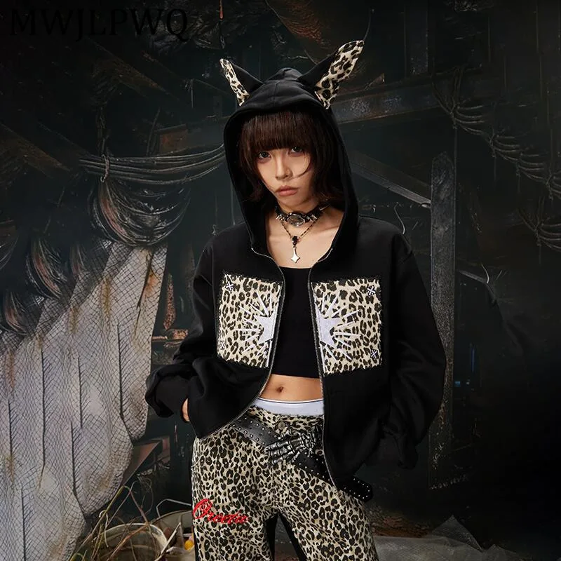 MWJLPWQ New Y2k Leopard Print Patchwork Stand-up Hooded Short Sweatshirt Unisex High Street Zipper Casual Slimming Jacket 15011