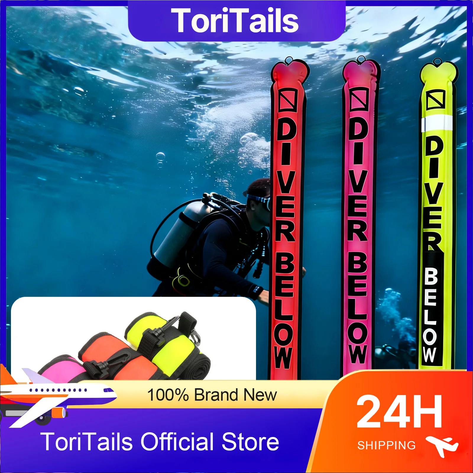 Surface Marker Buoy Scuba Diving with Rotatable Hook Sausage Signal Tube SMB Inflatable Nozzle Floating Accessory
