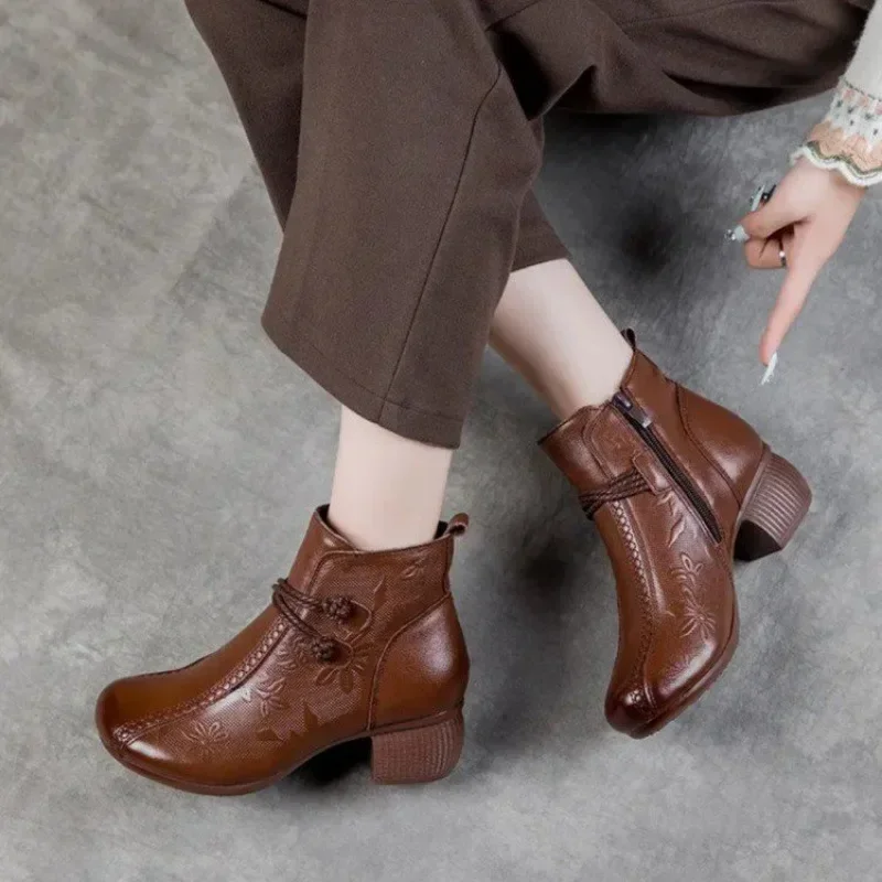 Printed High Heels with Hollowed Out Short Boots for Women Comfort Zipper Anti Slip Waterproof Simple Durable Leather Boots 2025