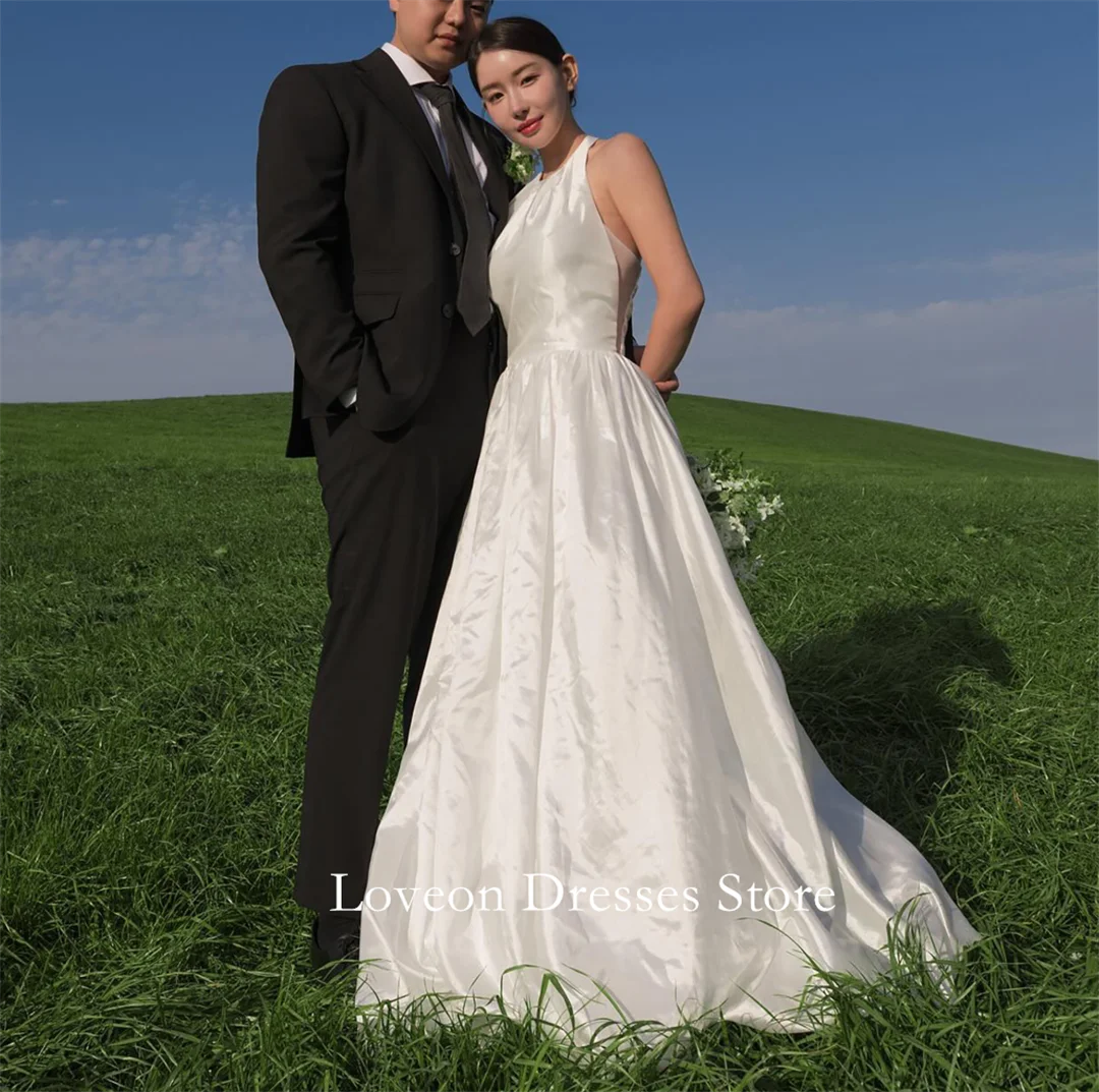 

O-Neck Taffeta Corset Wedding Dresses Customized Sleeveless Sweep Train Pretty White A-Line Bride Gowns Party Women Bride