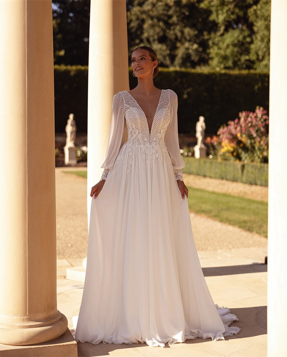 

Customized Dreamy White Chiffon Wedding Dress Graceful V-neck Long Sleeves Bridal Gowns Boho A-Line Court Train Vestido De Novia