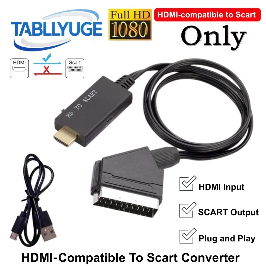 HDMI-compatible to SCART Converter Cable  HDMI‑Compatible Input to SCART Output Adapter for HDTV DVD PC Projector Plug and Play