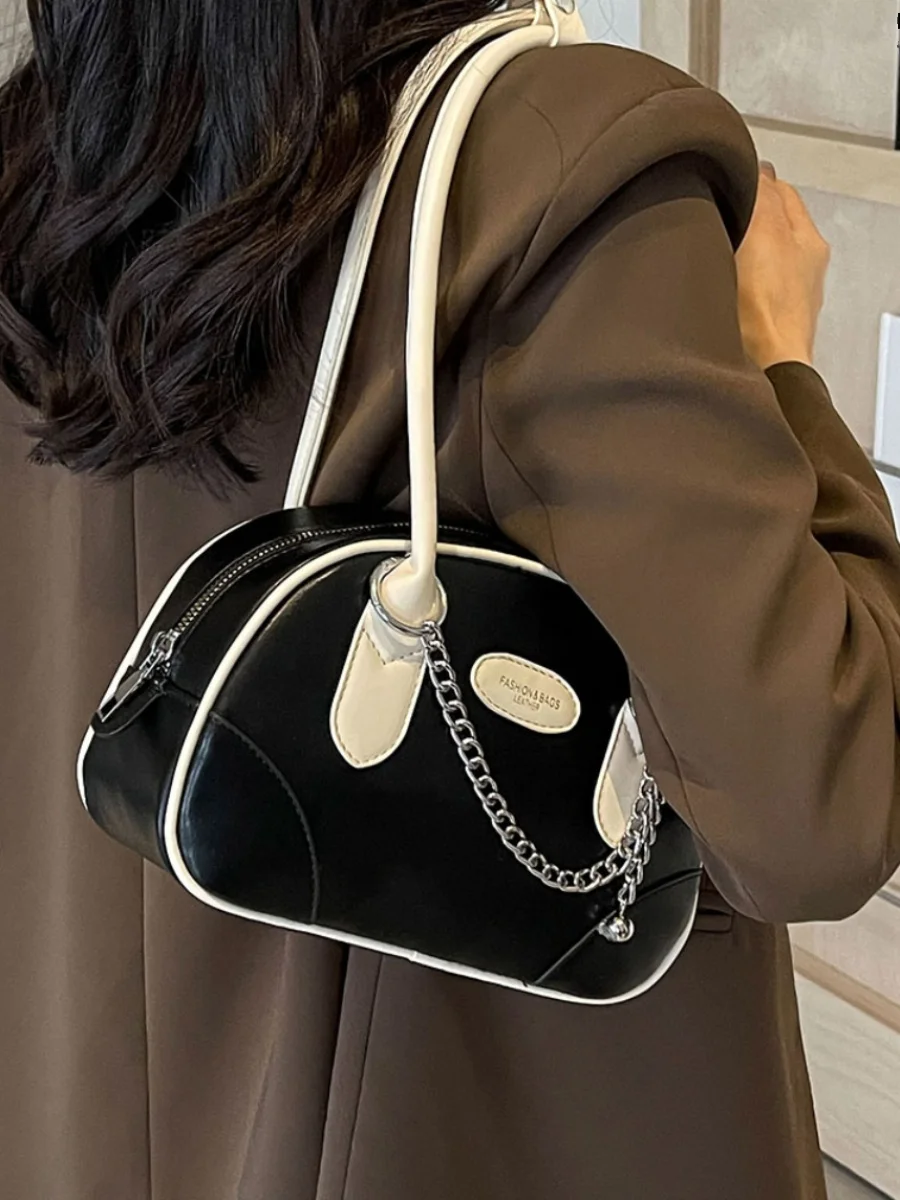 Fashion Women\'s Underarm Bag Contrast PU Chain Mini Totes Shoulder Bags 2024 Spring Summer New Korean Style Ladies Handlebags