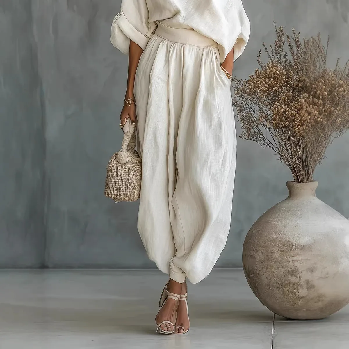 

Summer Suit Women's 2-piece Set Off Shoulder T Shirt Two Piece Set Cream Wide Leg Pants High Waist T-Shirt Loose Top Solid