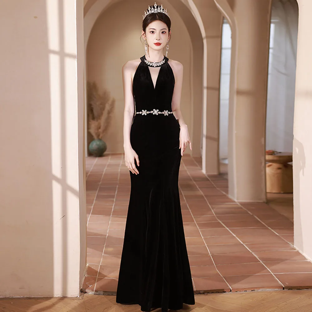 

Elegant Black Velvet Evening Dress Women's Autumn Winter Light Luxury Simple Halter Slim Fit Fishtail Vestido Sleeveless Gown