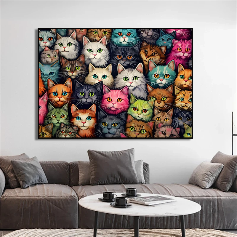ملون مجردة الهندسة القط الملصقات ، سيارة بيضاء القط الأسود قماش اللوحة ، القطط صورة ، جدارية صور مضحكة ، ديكور المنزل