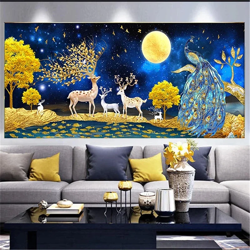 Elk Peacock 5D Diamond Painting Full Diamond Embroidery Large Living Room Office Home Decor Landscape Diamond Cross Stitch Kits