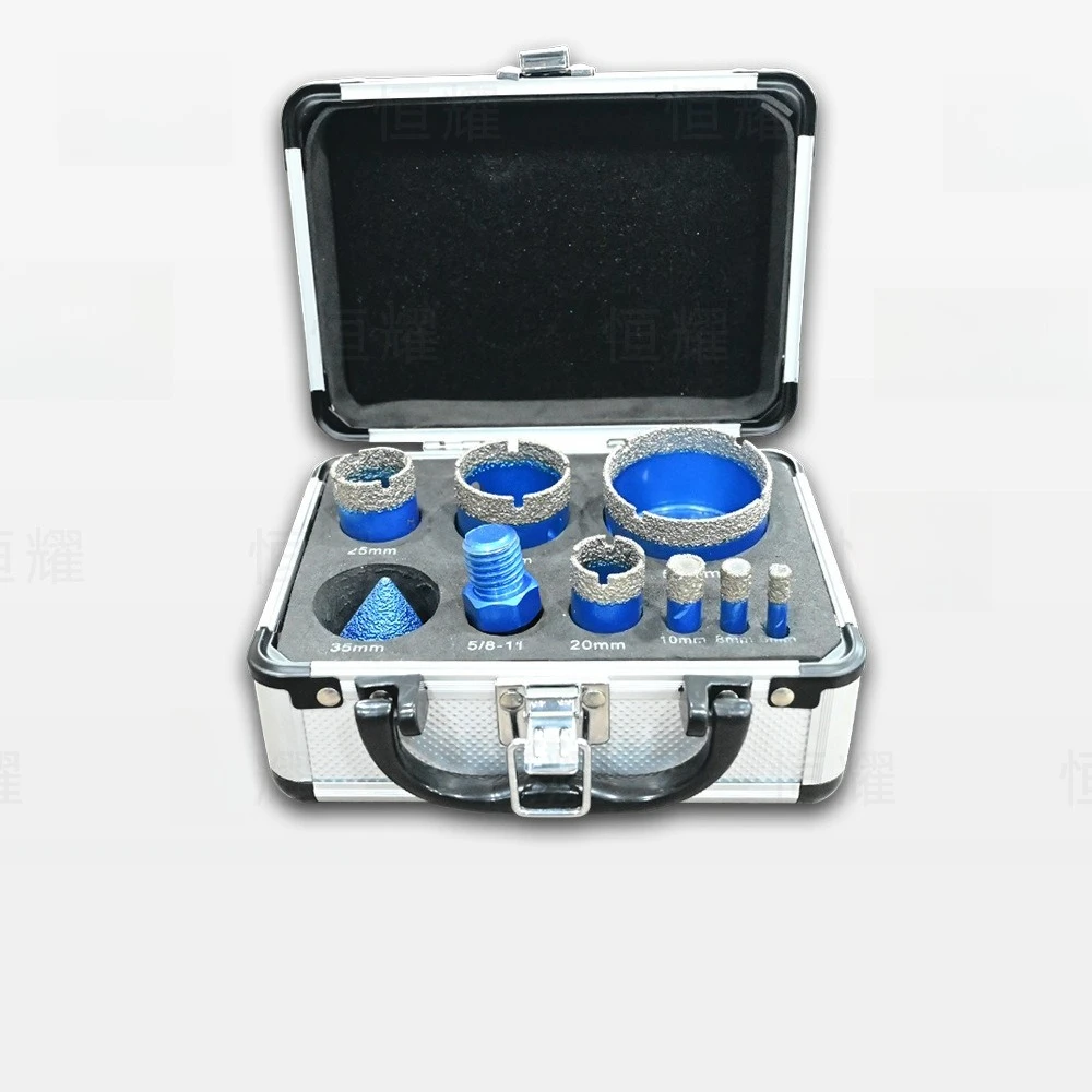 9Pcs Brazed Dry Drill Diamond Hole Saw Kit Aluminum Case for Tile Marble