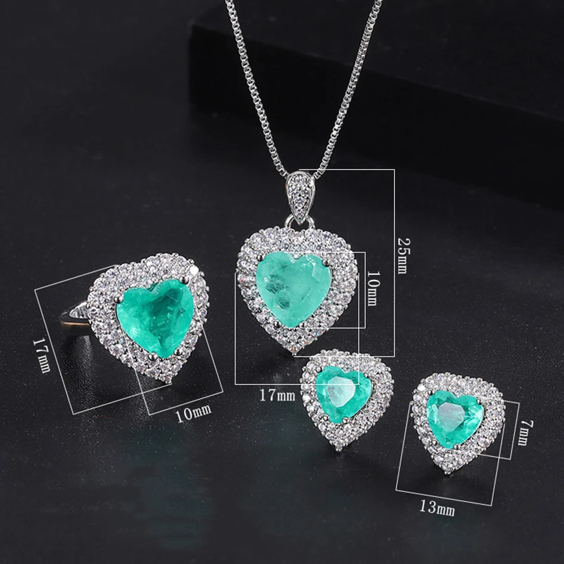 Luxury 925 Sterling Silver Paraiba Heart Necklace Earrings Ring for Women Girl Wedding Dinner Party Jewelry Set Anniversary Gift