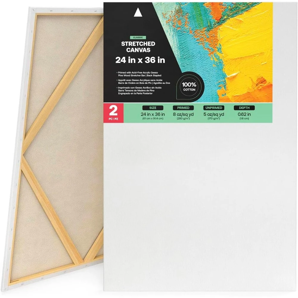 Stretched Canvas, 24 x 36 Inches, Pack of 2, Blank White Large Canvas for Painting for Acrylic, Oil and Gouache Paints