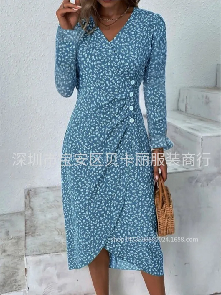 Abito con stampa Boho per donna Moda manica lunga con scollo a V Abiti pullover Lady Elegante ufficio per le vacanze Abbigliamento da donna Robe Femme