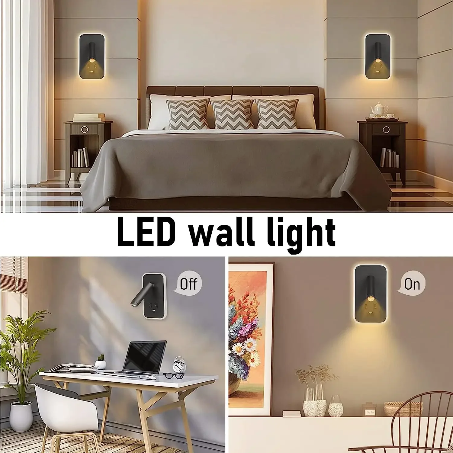 Applique murale LED rotative avec interrupteur et port USB, lampe de lecture murale, applique murale de chevet, budgétaire mural