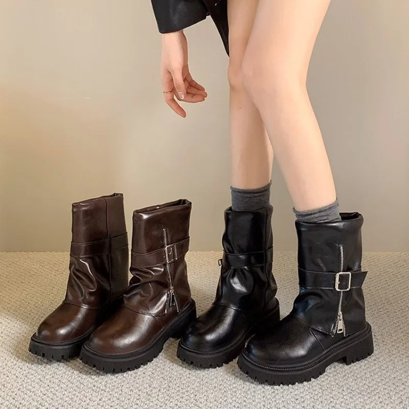 Fashion Metal Zipper Boots Ladies Concise Block Heel Biker Ankle Booties Winter Slip on Women Pants Tube Ankle Boots