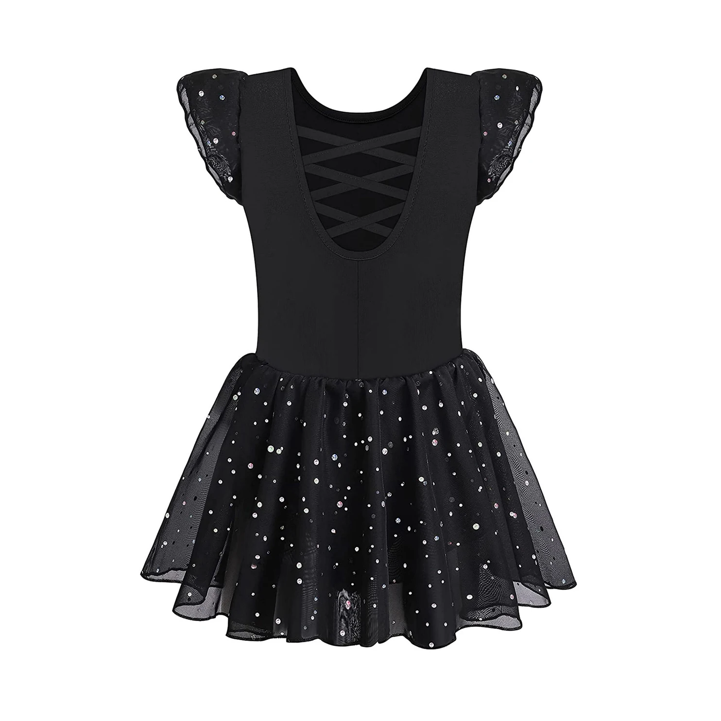 Girls Dance Leotards for Ballet Dress Shiny Skirt Ruffle Sleeve Crisscross Back