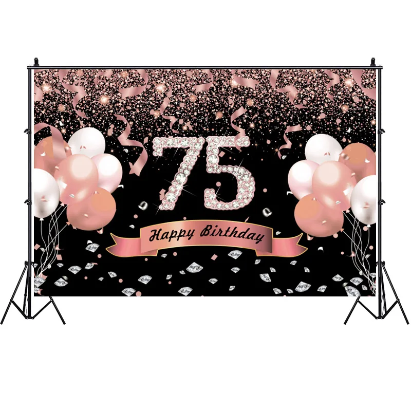 ローズゴールド75th背景ピンクバルーン男性女性75歳の誕生日パーティーカスタム写真撮影フォトスタジオの背景バナー