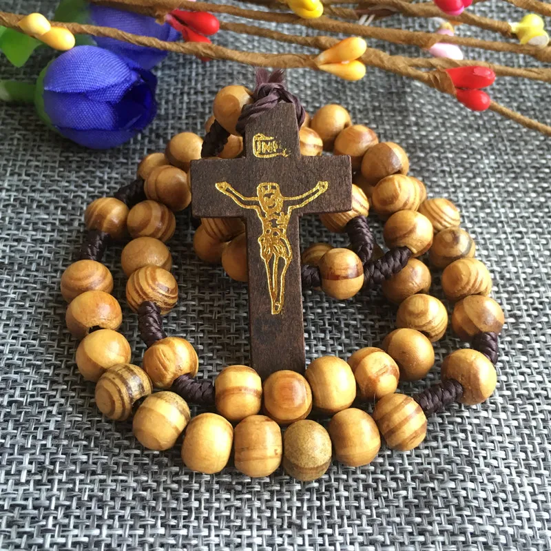 10pcs/pack wholesale cheap olive/pine wooden beads religious rosary, catholic rosary necklace with wooden cross
