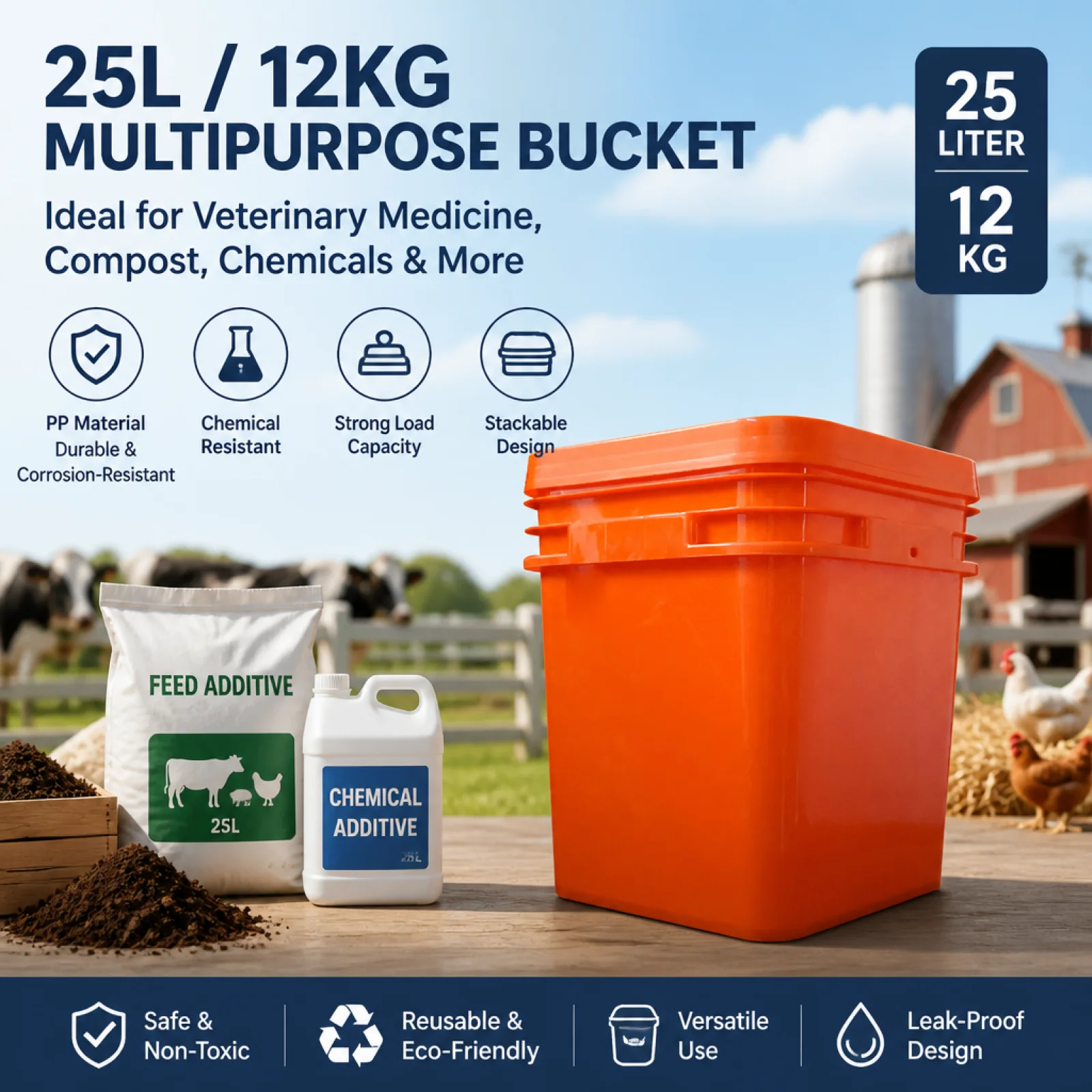 Square Bucket 25L Pail Good Sealing PP Fermentation Bucket for Farmers, Homeowners, Warehouse, Workshop, Garage